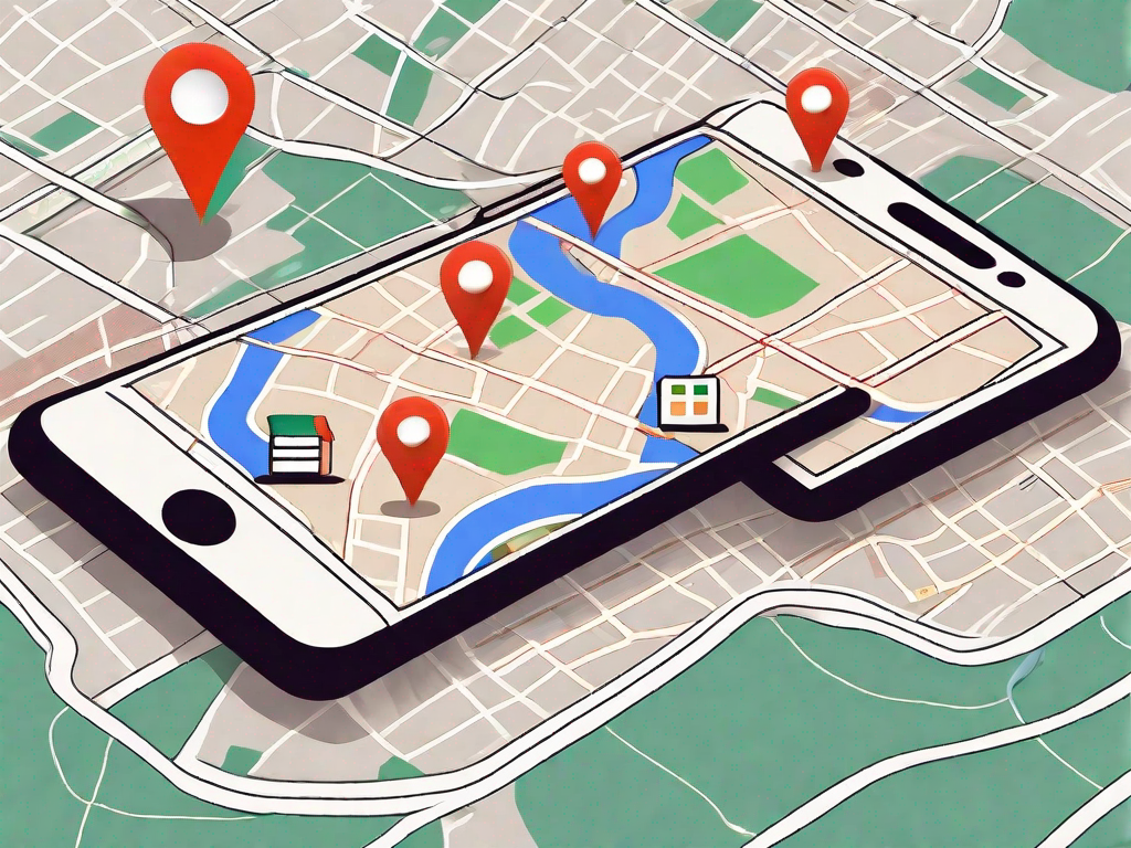 A smartphone displaying google maps with various advertising markers scattered across the map