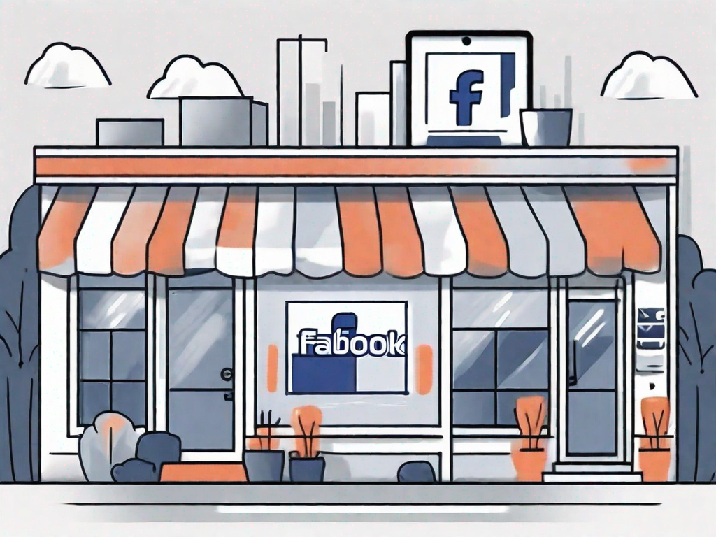 A local business store with a large facebook icon hovering above it