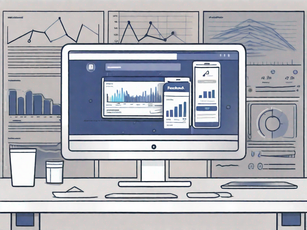 A computer screen displaying a facebook advertising dashboard with various analytics and a conversion funnel leading to a shopping cart icon