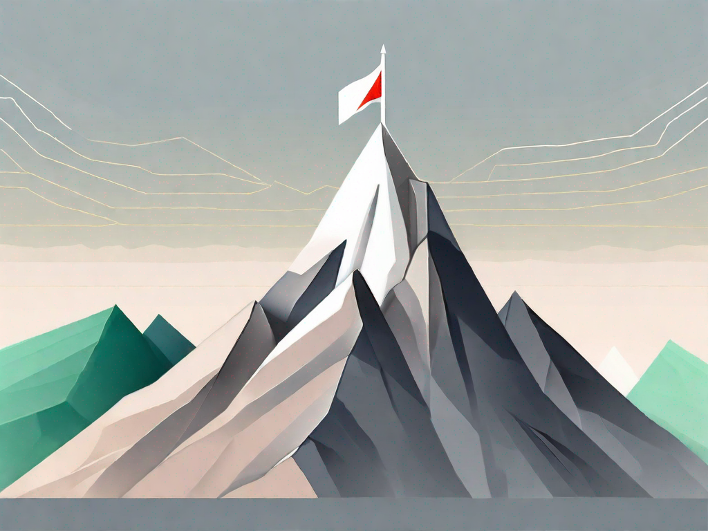 A mountain peak with a google-colored flag at the top