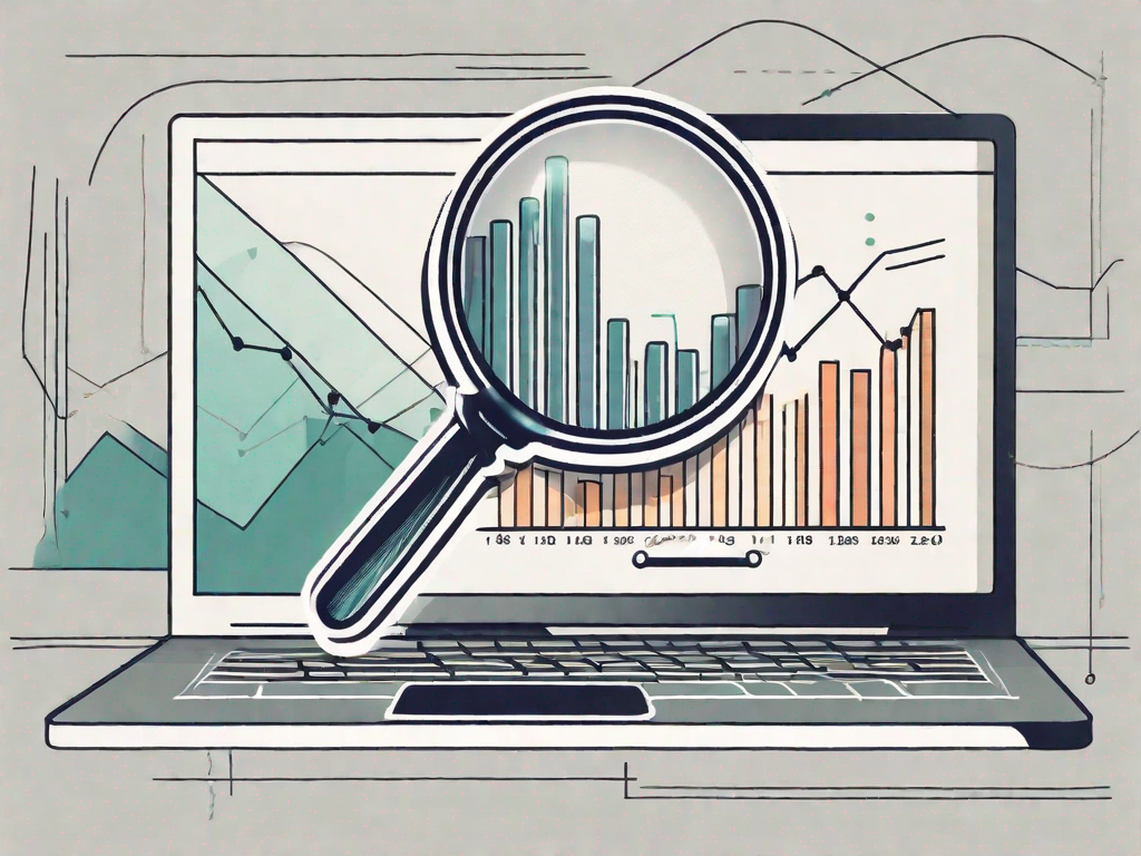 A magnifying glass hovering over a computer screen displaying a graph with an upward trend