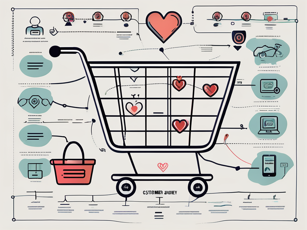 A customer journey map with various symbols representing different stages like a shopping cart for purchase