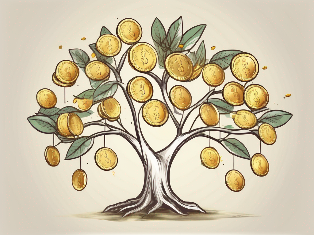 A growing money tree with golden coins as fruits to symbolize the concept of return on investment (roi)