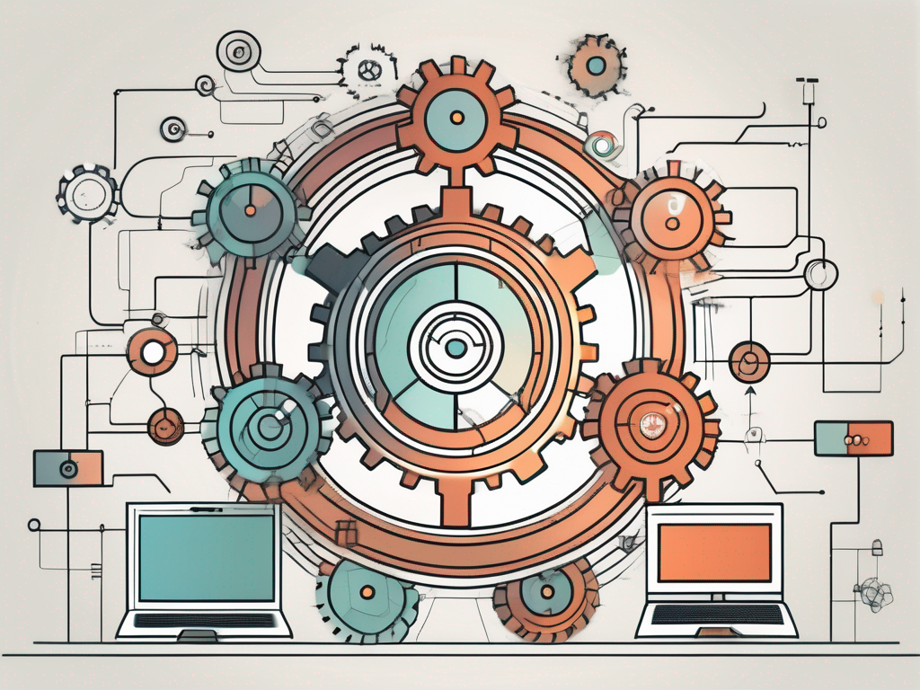 A computer system with interconnected gears and icons representing customer data and communication