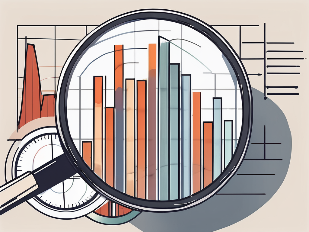 A magnifying glass hovering over a bar graph and pie chart