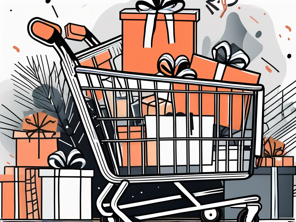 An overflowing shopping cart filled with discounted products